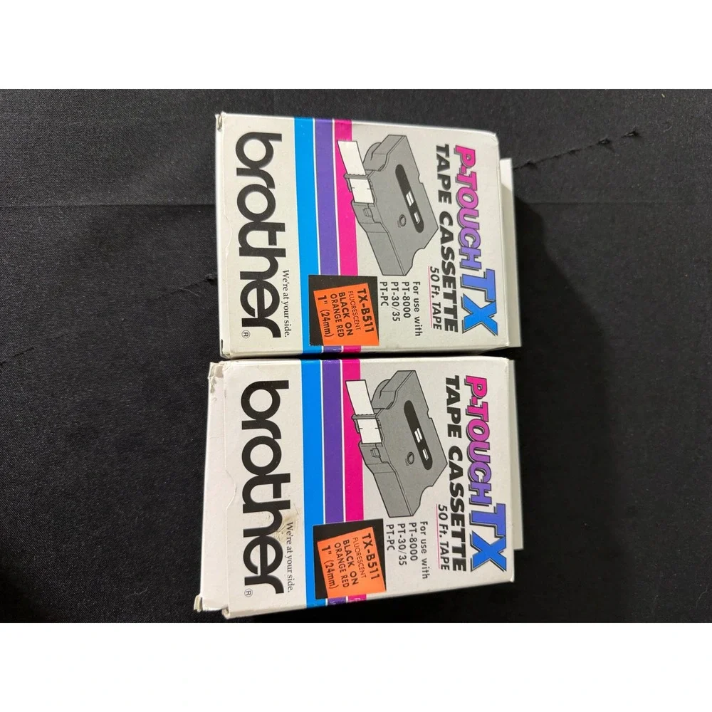 Brother P-Touch TX Tape 1in Black on Fluorescent Orange Red New TX-B511 2pk